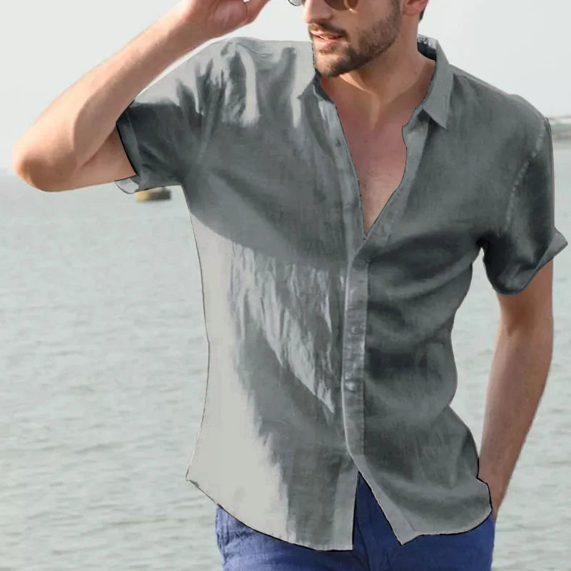 Men's Casual Short Sleeve Shirts Leisure Street Wear Lapel Button-down Solid Color Shirts for Men Vintage Vacation Blouse M-3XL