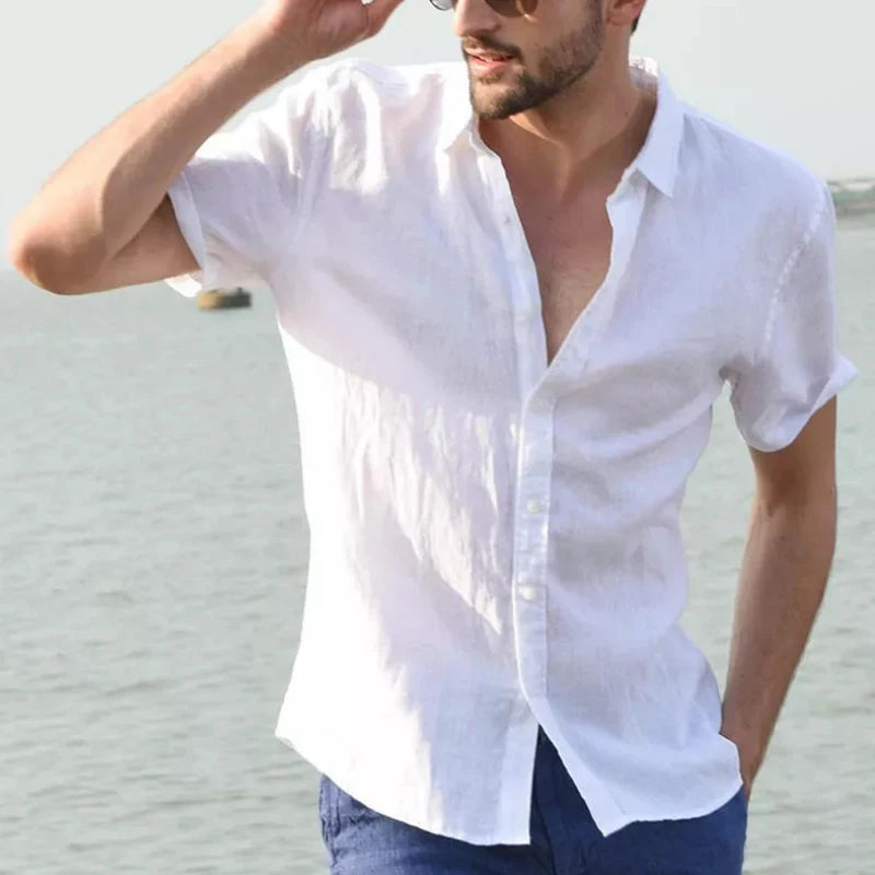 Men's Casual Short Sleeve Shirts Leisure Street Wear Lapel Button-down Solid Color Shirts for Men Vintage Vacation Blouse M-3XL