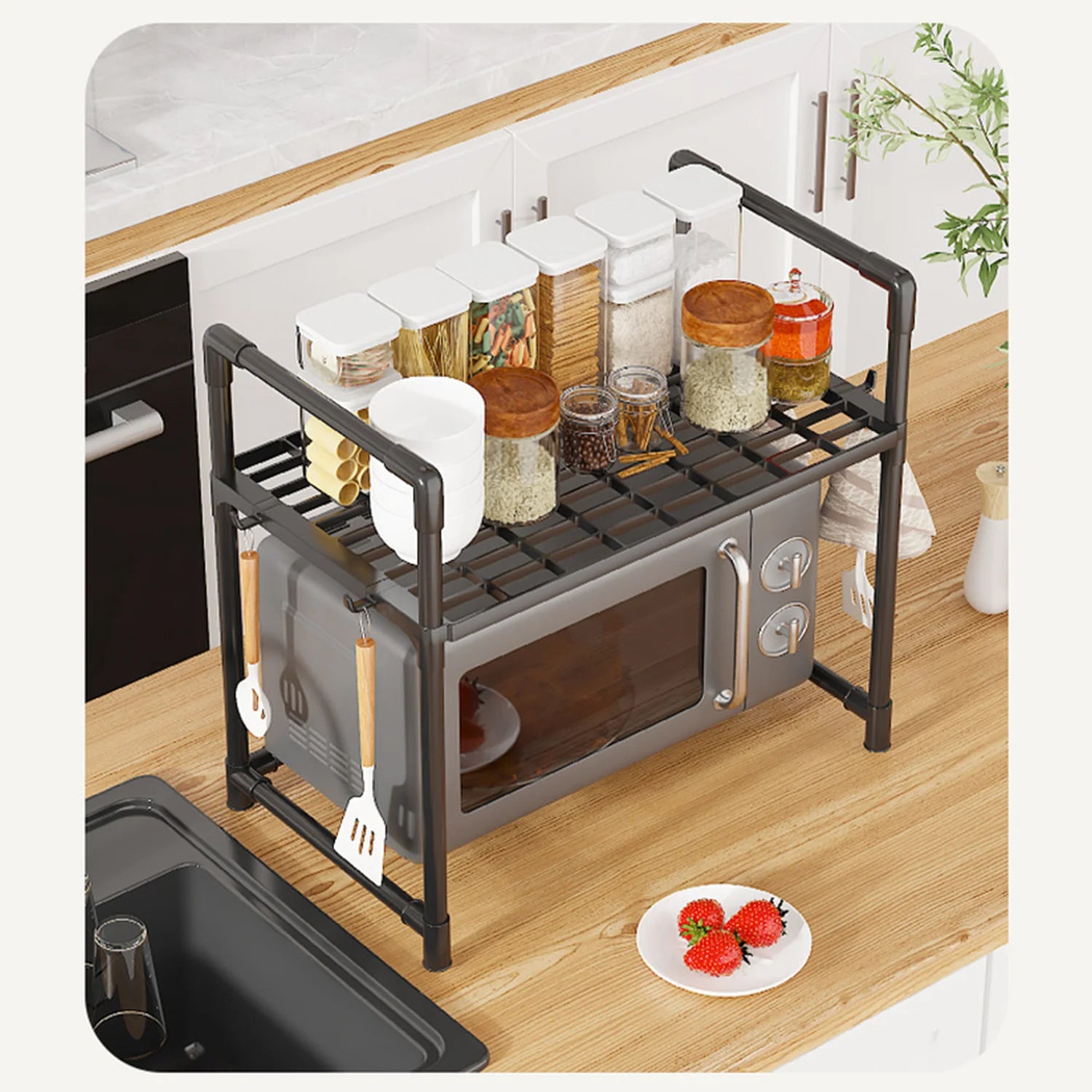 Kitchen Storage Rack Microwave Shelf Condiment Organizer Shelf Simple Countertop Tidying Shelves Kitchen Accessories with Hooks