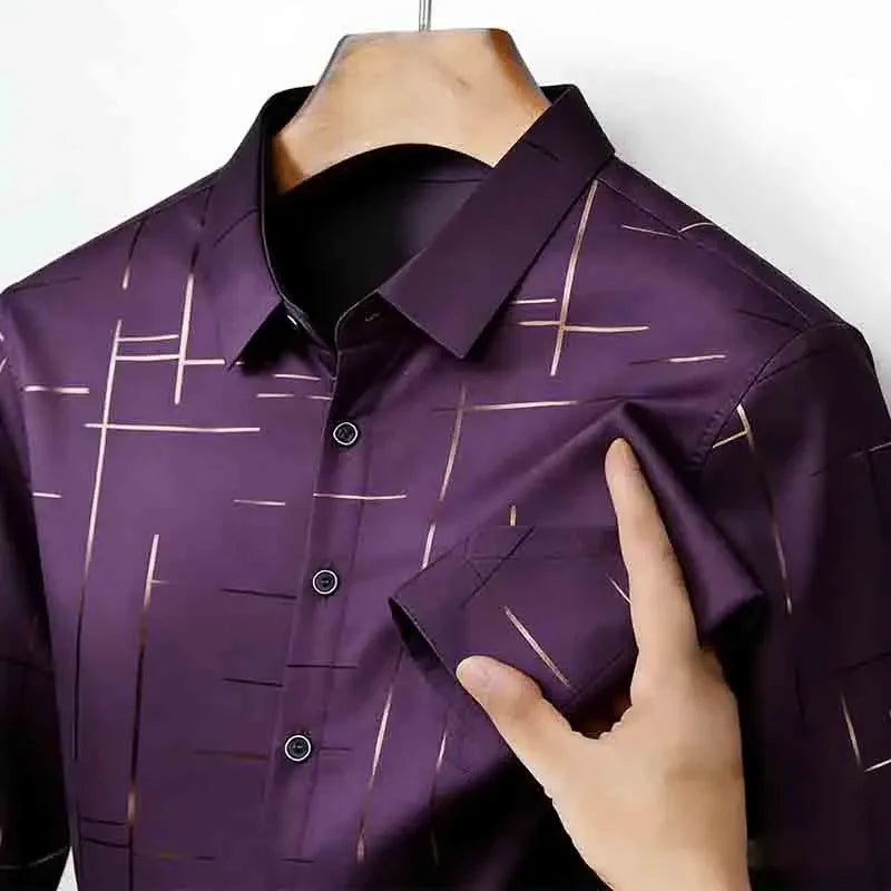 Men's Casual Long Sleeve Button Down Shirt Abstract Striped Print Chest Pocket Slim Fit Top
