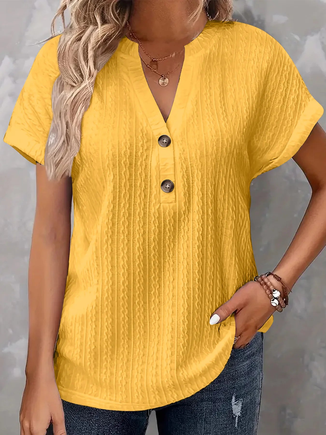 Casual Short Sleeve Button V-Neck Shirts Fashion Loose Pullover Summer Blouses For Women