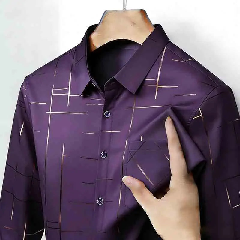 Men's Casual Long Sleeve Button Down Shirt Abstract Striped Print Chest Pocket Slim Fit Top