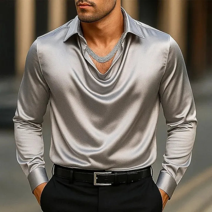Casual Men's Satin Silk Dress Shirts Long Sleeve Social Single Breasted Button Turn-Down Collar Shirts Wedding Party Men Clothes