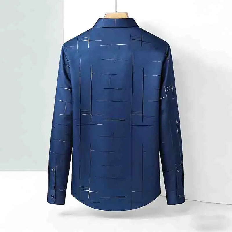 Men's Casual Long Sleeve Button Down Shirt Abstract Striped Print Chest Pocket Slim Fit Top