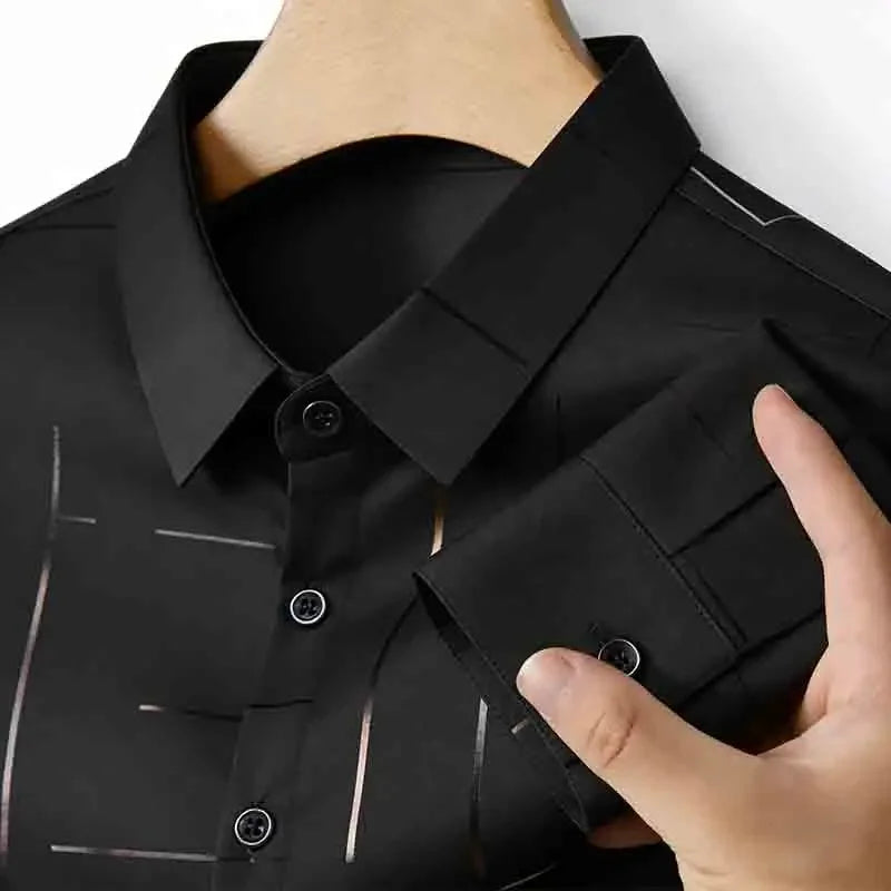 Men's Casual Long Sleeve Button Down Shirt Abstract Striped Print Chest Pocket Slim Fit Top
