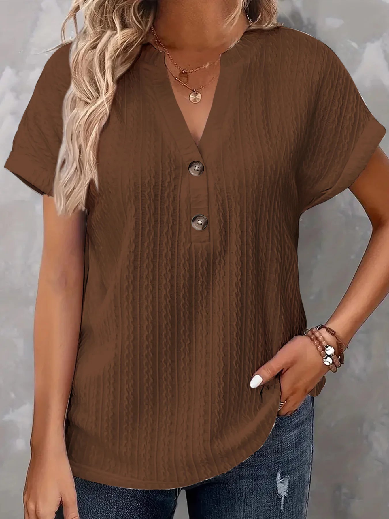 Casual Short Sleeve Button V-Neck Shirts Fashion Loose Pullover Summer Blouses For Women