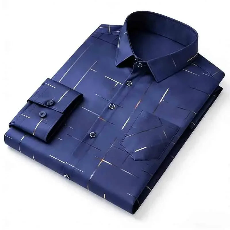 Men's Casual Long Sleeve Button Down Shirt Abstract Striped Print Chest Pocket Slim Fit Top