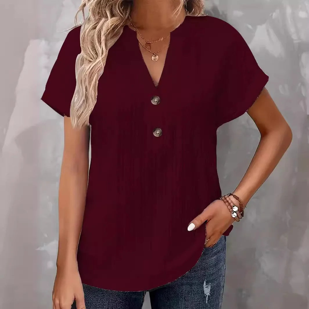 Casual Short Sleeve Button V-Neck Shirts Fashion Loose Pullover Summer Blouses For Women
