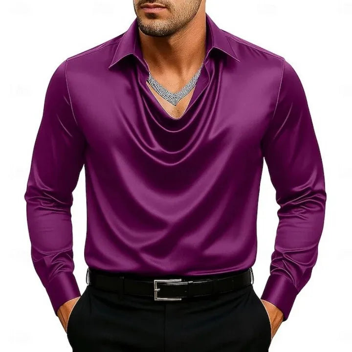 Casual Men's Satin Silk Dress Shirts Long Sleeve Social Single Breasted Button Turn-Down Collar Shirts Wedding Party Men Clothes