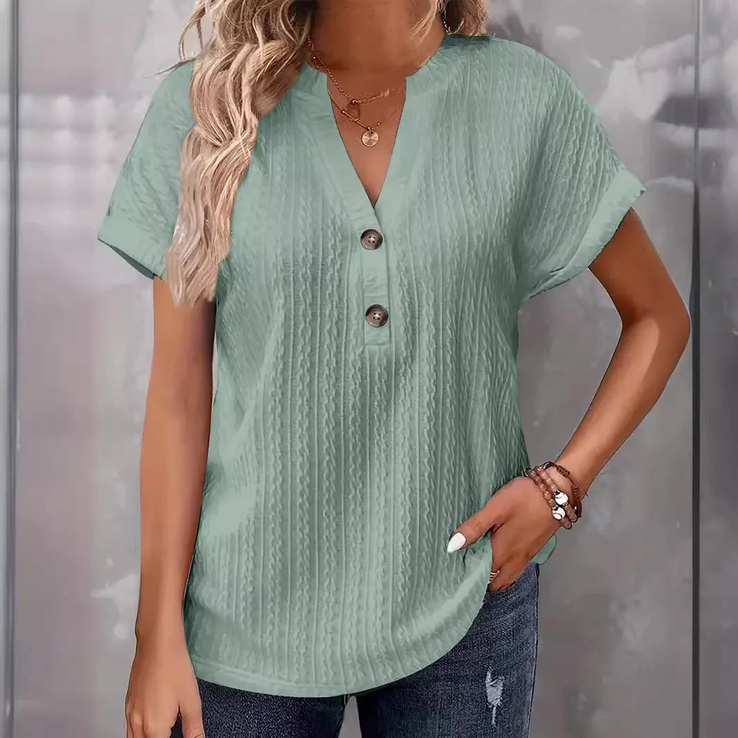 Casual Short Sleeve Button V-Neck Shirts Fashion Loose Pullover Summer Blouses For Women