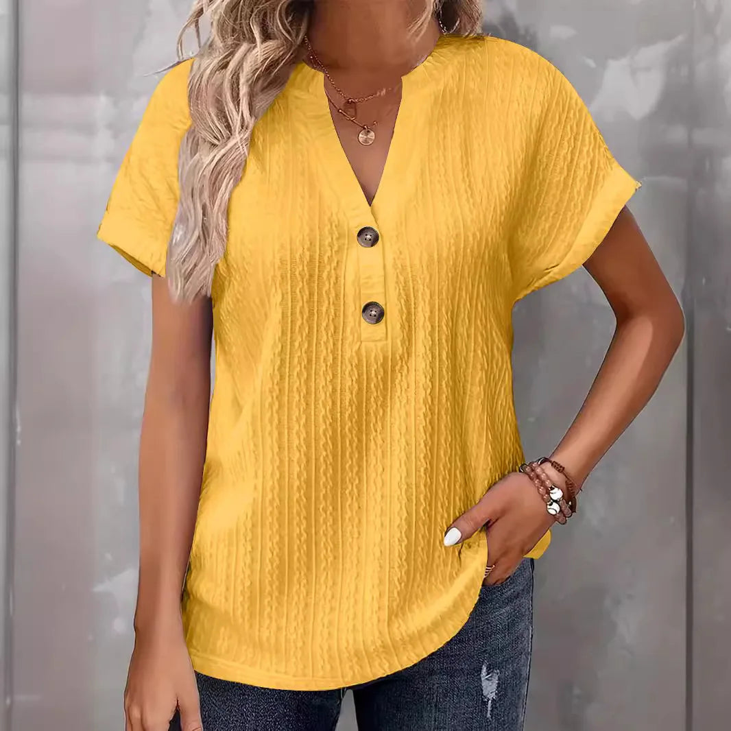 Casual Short Sleeve Button V-Neck Shirts Fashion Loose Pullover Summer Blouses For Women