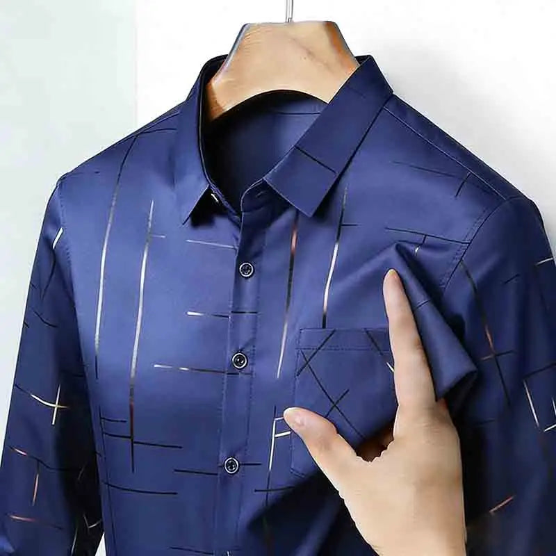 Men's Casual Long Sleeve Button Down Shirt Abstract Striped Print Chest Pocket Slim Fit Top