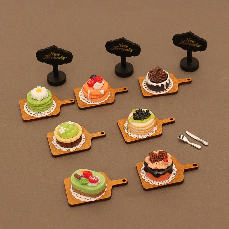 6Pcs Dollhouse Miniature Kitchen Accessories; Mini Food Toys with Cake Pad, Tray, Fork and Knife Models