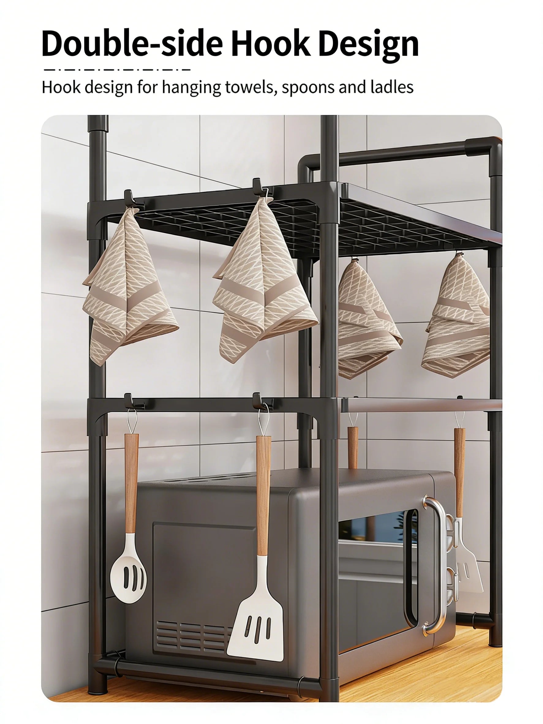 Kitchen Storage Rack Microwave Shelf Condiment Organizer Shelf Simple Countertop Tidying Shelves Kitchen Accessories with Hooks