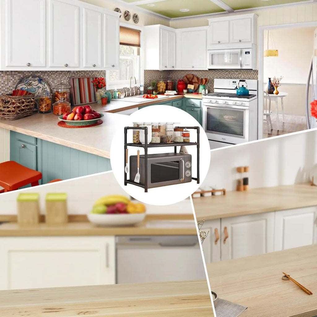 Kitchen Storage Rack Microwave Shelf Condiment Organizer Shelf Simple Countertop Tidying Shelves Kitchen Accessories with Hooks