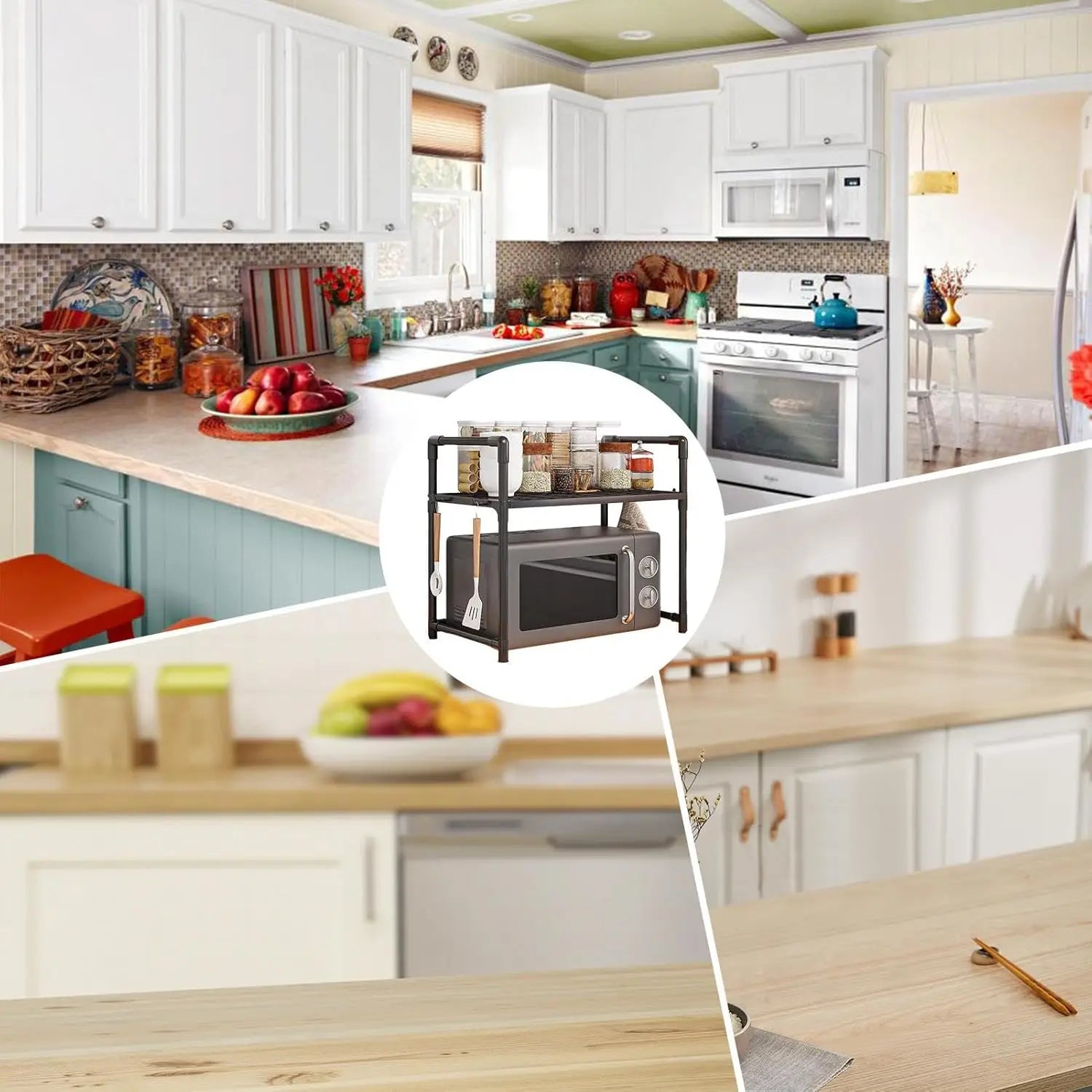 Kitchen Storage Rack Microwave Shelf Condiment Organizer Shelf Simple Countertop Tidying Shelves Kitchen Accessories with Hooks