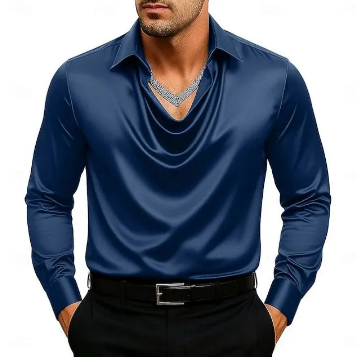 Casual Men's Satin Silk Dress Shirts Long Sleeve Social Single Breasted Button Turn-Down Collar Shirts Wedding Party Men Clothes