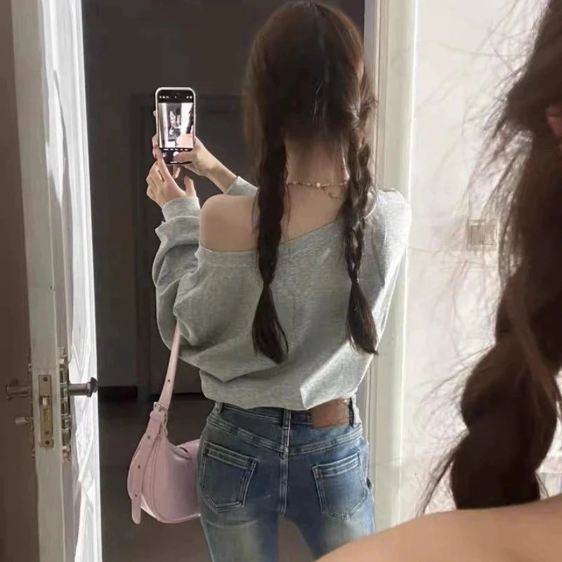 Women Hoodies Autumn Streetwear Off Shoulder Seductive Cropped All-match Sweatshirts Baggy Fashion Print Design Aesthetic Casual