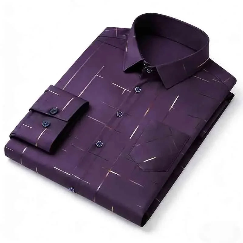Men's Casual Long Sleeve Button Down Shirt Abstract Striped Print Chest Pocket Slim Fit Top