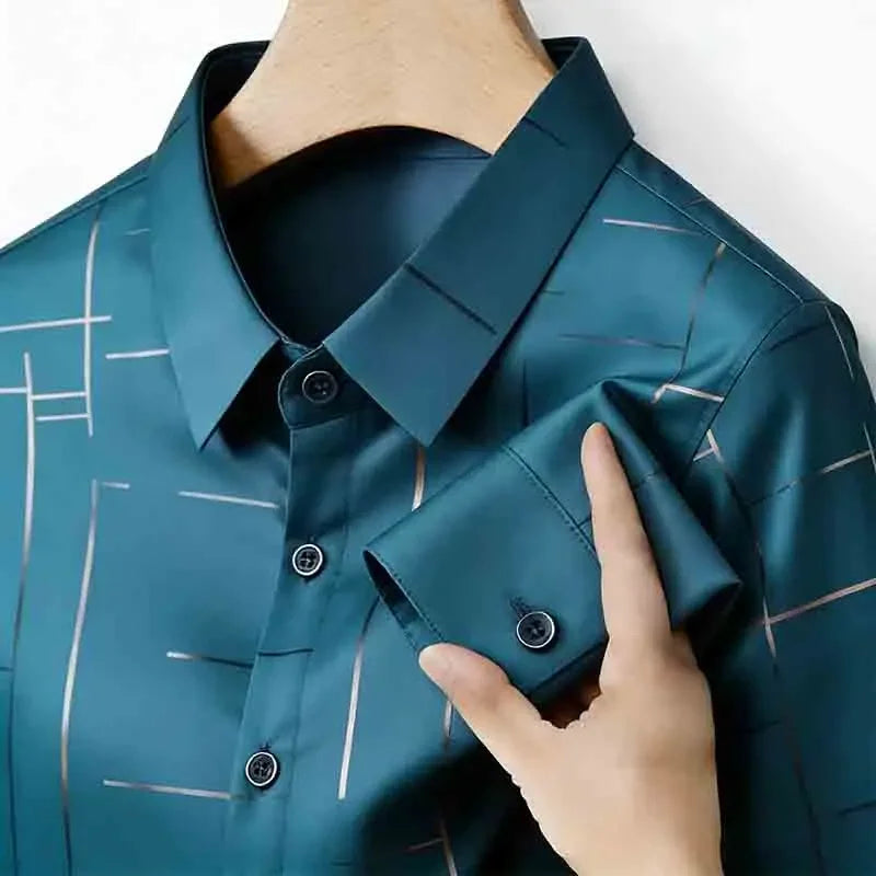 Men's Casual Long Sleeve Button Down Shirt Abstract Striped Print Chest Pocket Slim Fit Top