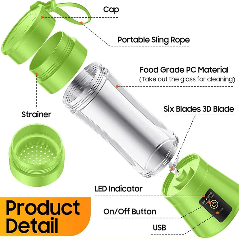 Portable Blender 380ml Fruit Juicer Stainless Steel Blade Usb Charging Portable Juice Blender Suitable for Travel and Commuting
