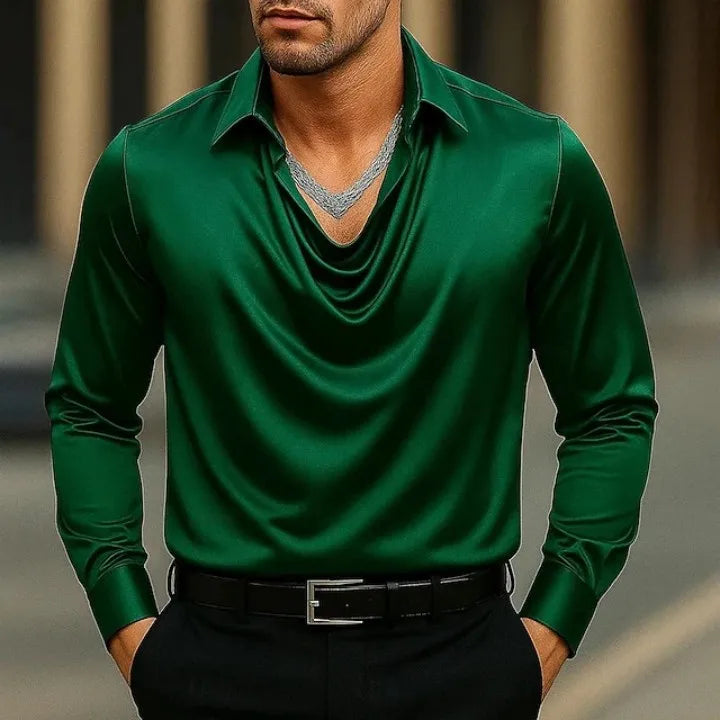 Casual Men's Satin Silk Dress Shirts Long Sleeve Social Single Breasted Button Turn-Down Collar Shirts Wedding Party Men Clothes