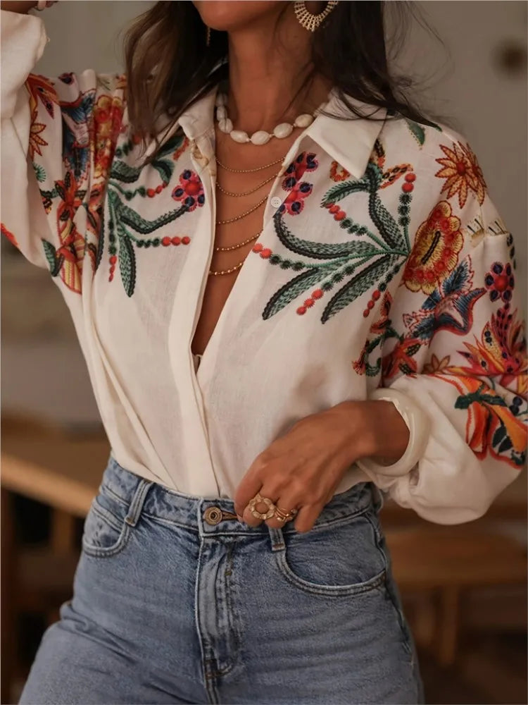 Casual Floral Print Shirt Lady Fashion Long Sleeve Turn-down Collar Button Shirts Tops For Women Boho Holiday Womens Clothing