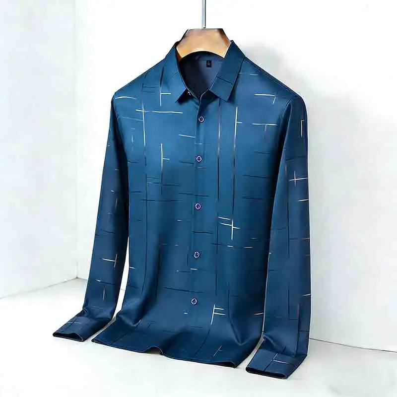 Men's Casual Long Sleeve Button Down Shirt Abstract Striped Print Chest Pocket Slim Fit Top