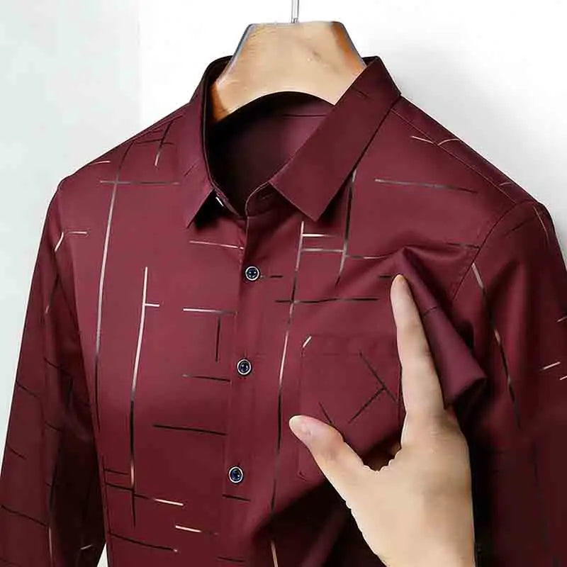 Men's Casual Long Sleeve Button Down Shirt Abstract Striped Print Chest Pocket Slim Fit Top