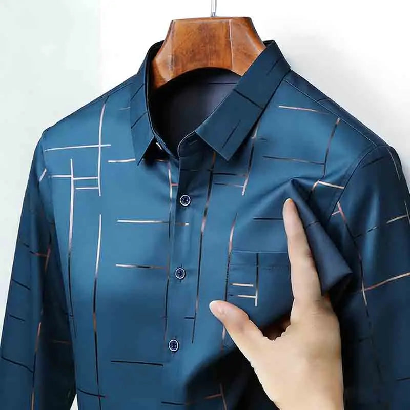 Men's Casual Long Sleeve Button Down Shirt Abstract Striped Print Chest Pocket Slim Fit Top