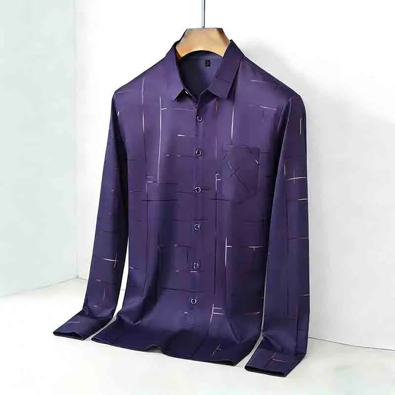 Men's Casual Long Sleeve Button Down Shirt Abstract Striped Print Chest Pocket Slim Fit Top