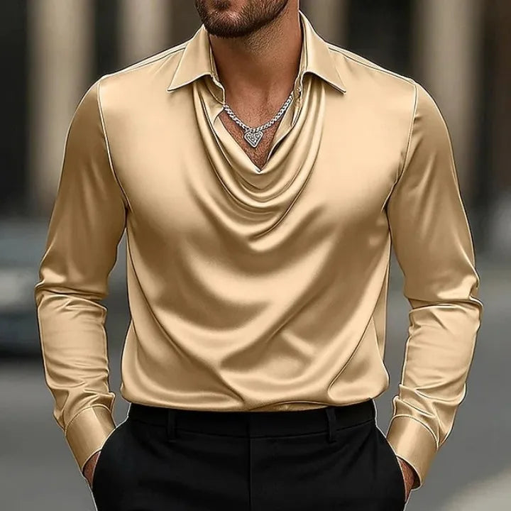 Casual Men's Satin Silk Dress Shirts Long Sleeve Social Single Breasted Button Turn-Down Collar Shirts Wedding Party Men Clothes