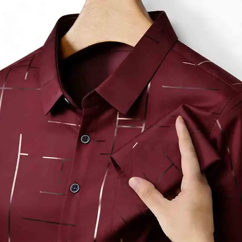 Men's Casual Long Sleeve Button Down Shirt Abstract Striped Print Chest Pocket Slim Fit Top