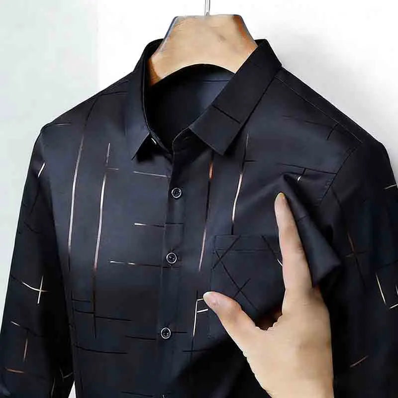 Men's Casual Long Sleeve Button Down Shirt Abstract Striped Print Chest Pocket Slim Fit Top