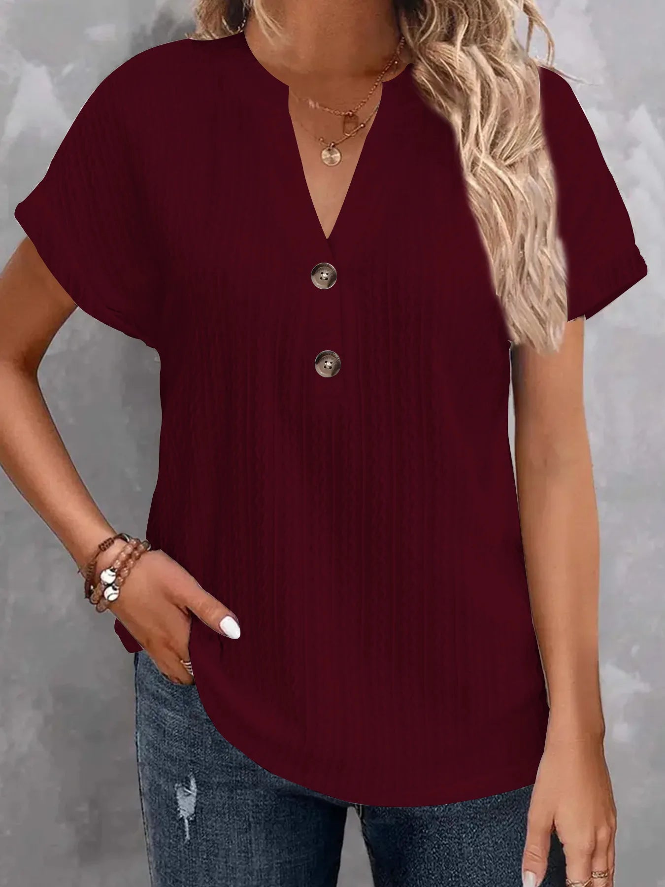 Casual Short Sleeve Button V-Neck Shirts Fashion Loose Pullover Summer Blouses For Women