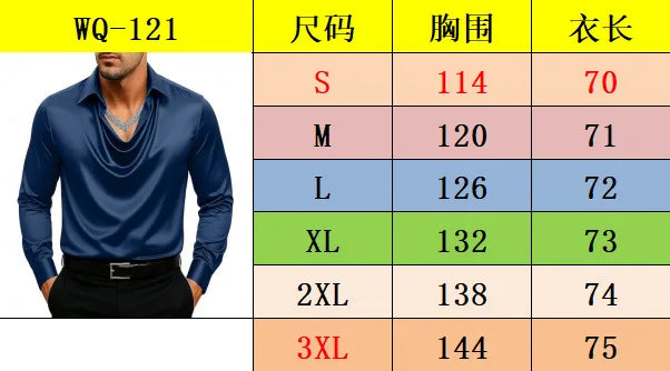 Casual Men's Satin Silk Dress Shirts Long Sleeve Social Single Breasted Button Turn-Down Collar Shirts Wedding Party Men Clothes