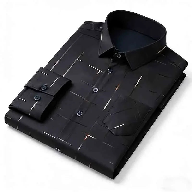 Men's Casual Long Sleeve Button Down Shirt Abstract Striped Print Chest Pocket Slim Fit Top