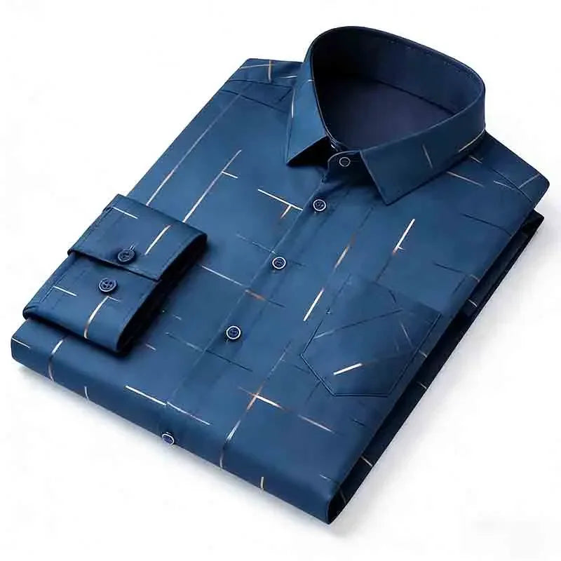 Men's Casual Long Sleeve Button Down Shirt Abstract Striped Print Chest Pocket Slim Fit Top