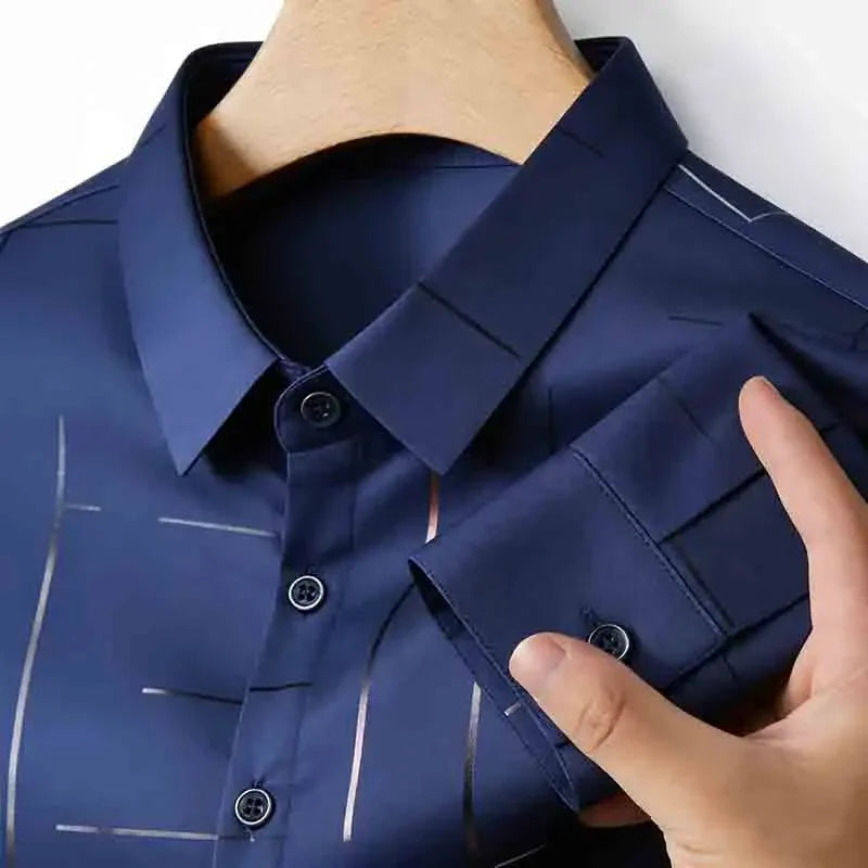 Men's Casual Long Sleeve Button Down Shirt Abstract Striped Print Chest Pocket Slim Fit Top