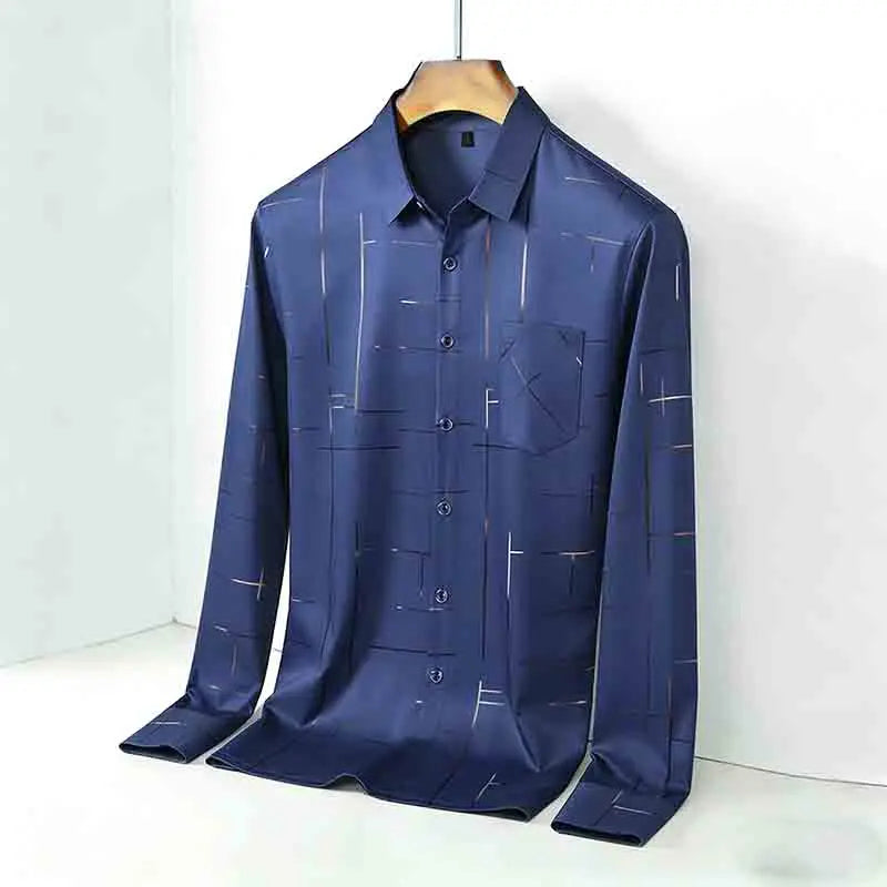 Men's Casual Long Sleeve Button Down Shirt Abstract Striped Print Chest Pocket Slim Fit Top