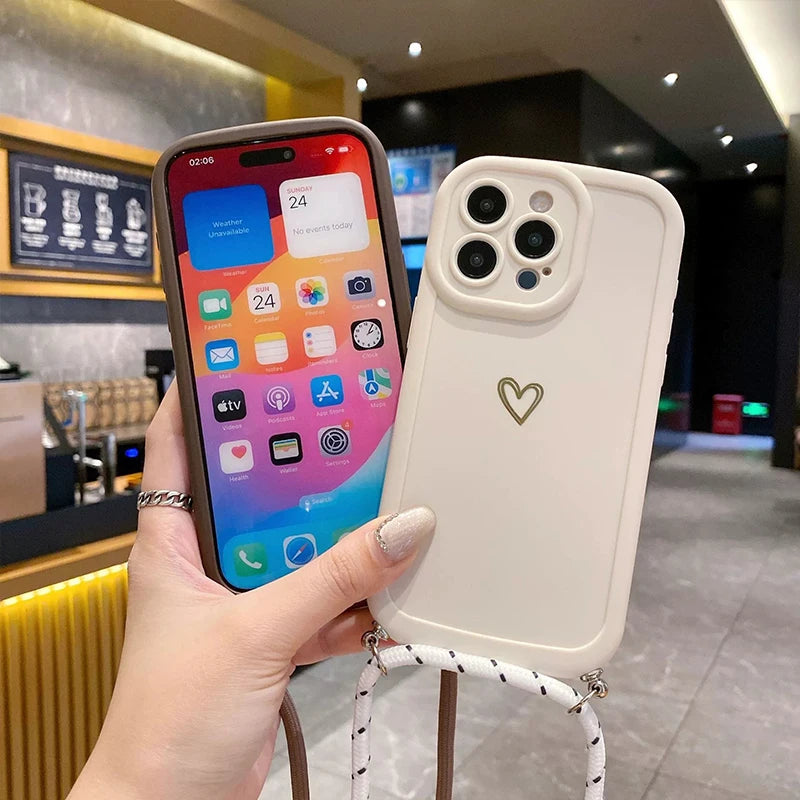 With Lanyard Love Phone Cases for IPhone 17 16 15 14 13 12 11 Pro Max Crossbody Silicone Back Cover