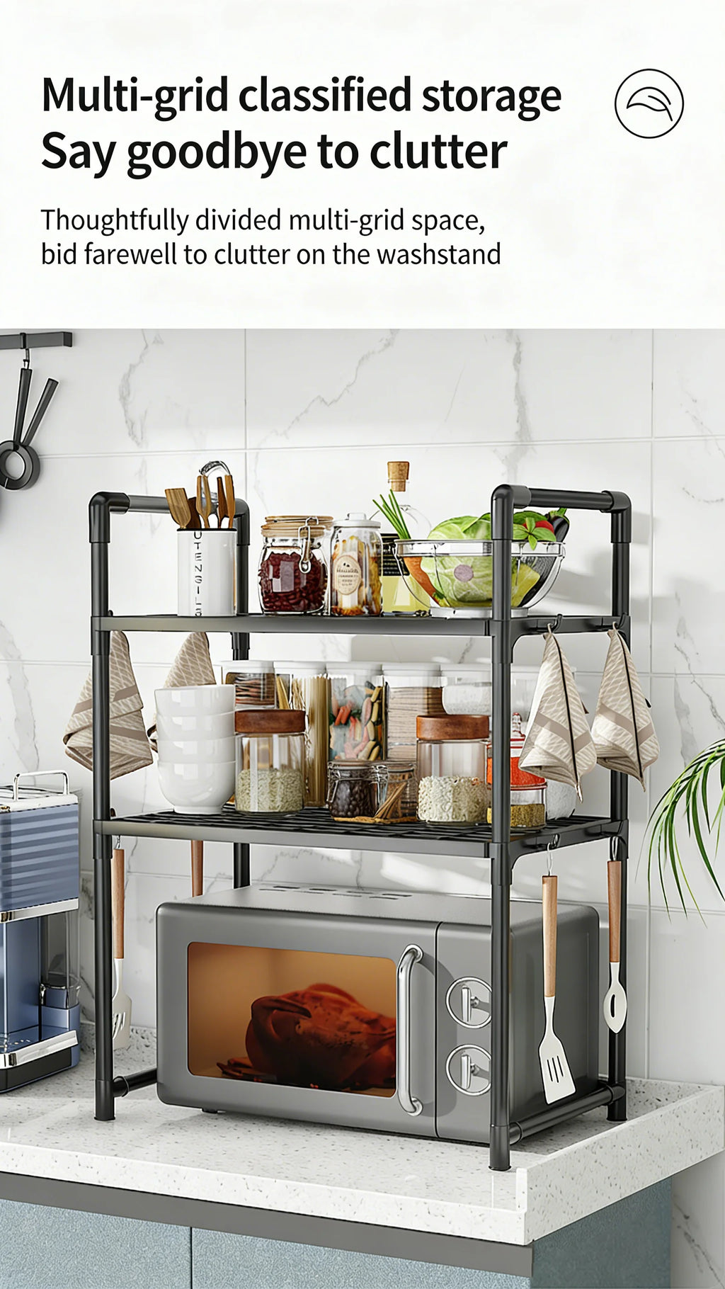 Kitchen Storage Rack Microwave Shelf Condiment Organizer Shelf Simple Countertop Tidying Shelves Kitchen Accessories with Hooks