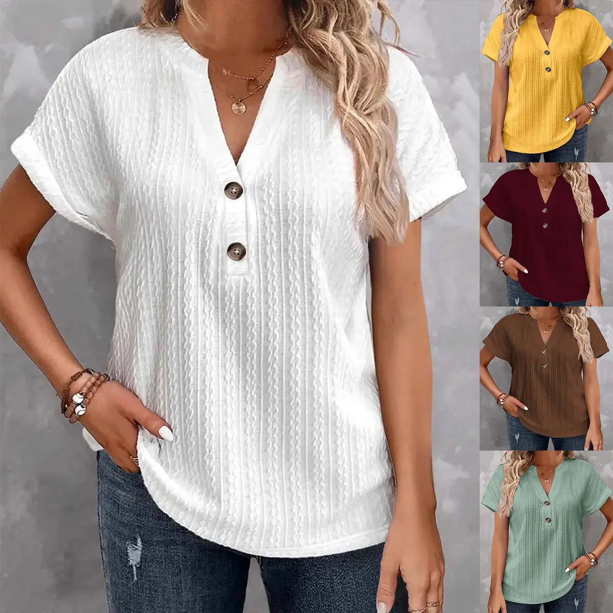 Casual Short Sleeve Button V-Neck Shirts Fashion Loose Pullover Summer Blouses For Women