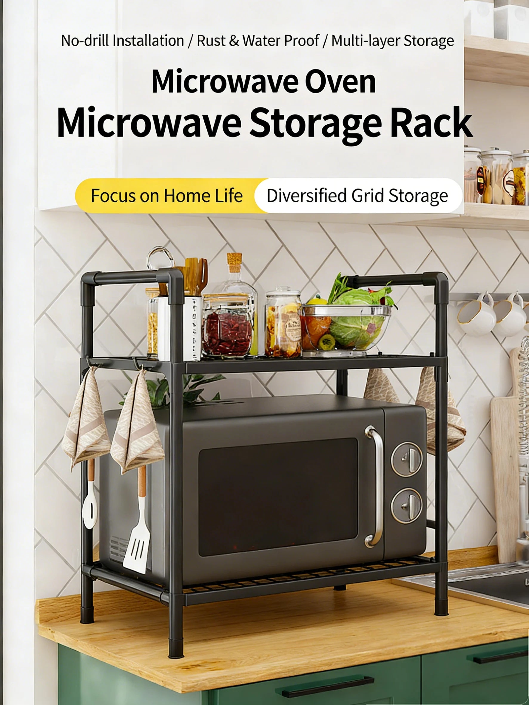 Kitchen Storage Rack Microwave Shelf Condiment Organizer Shelf Simple Countertop Tidying Shelves Kitchen Accessories with Hooks