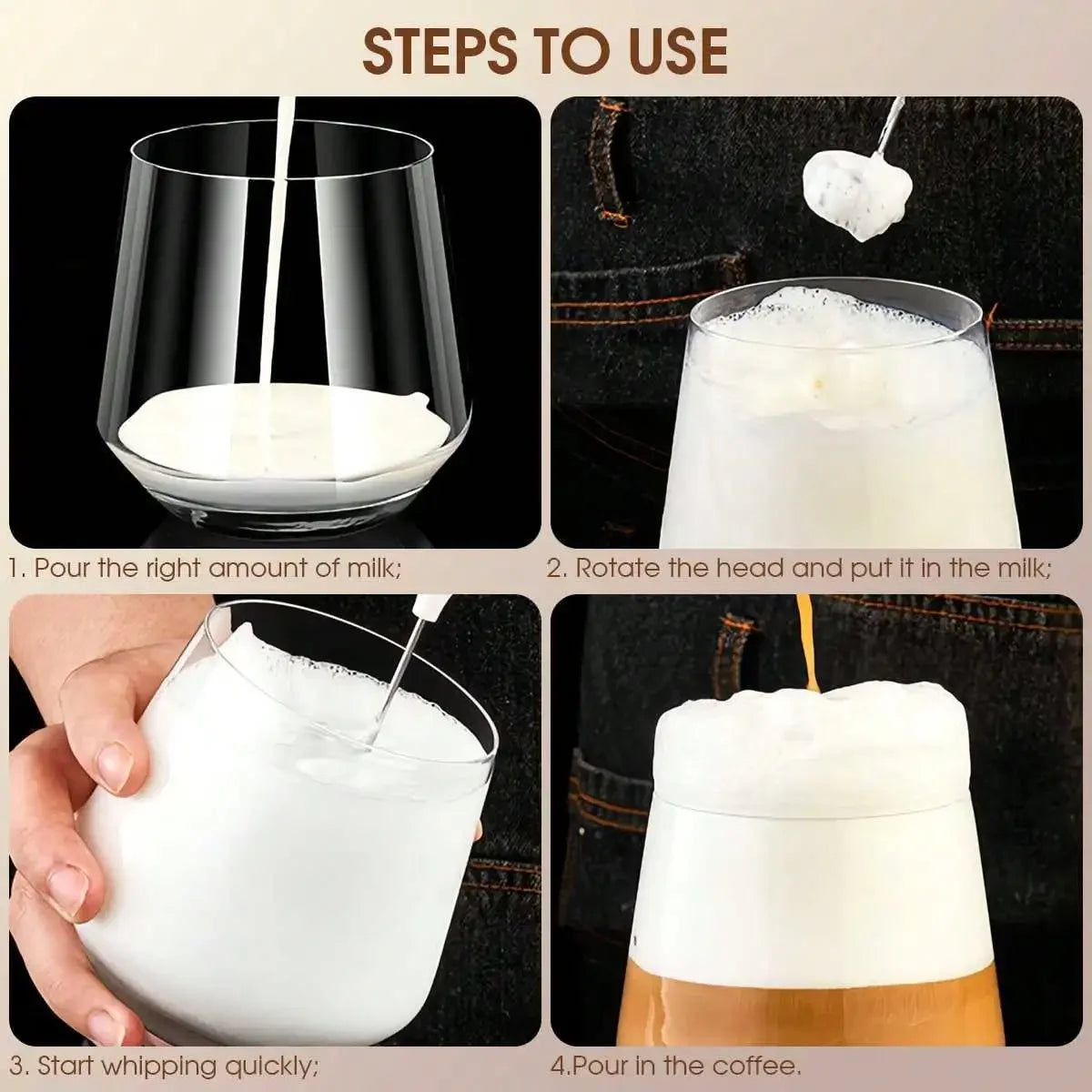 Handheld electric blender with both stirring and frothing functions, saving time and effort, and does not contain batteries.