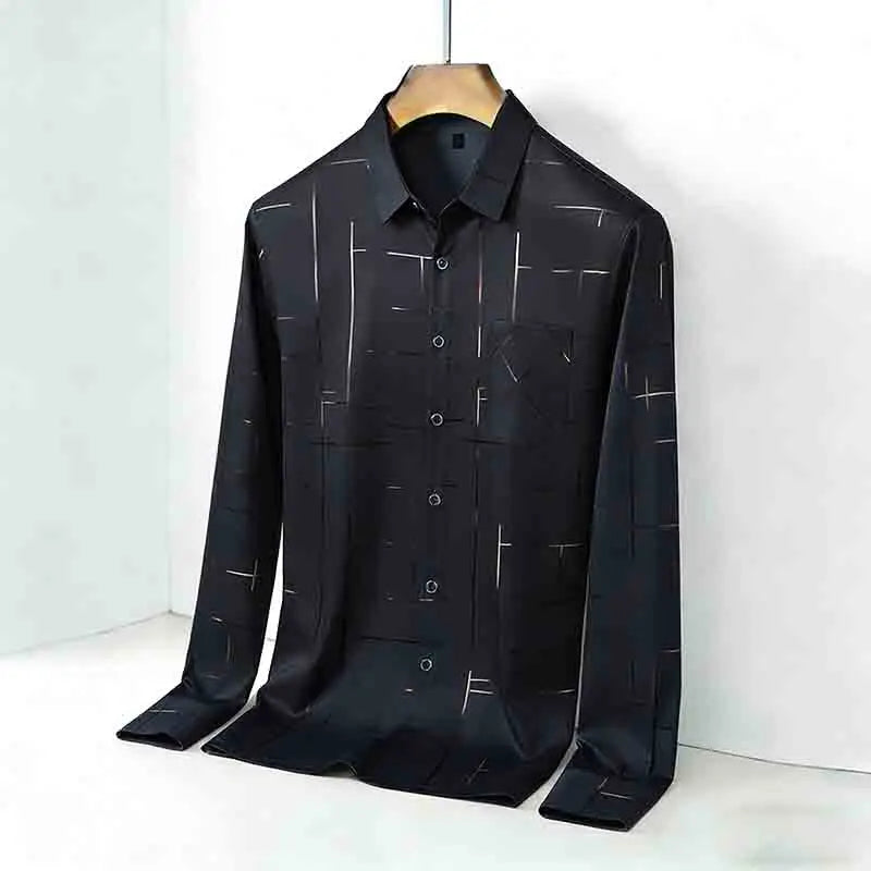 Men's Casual Long Sleeve Button Down Shirt Abstract Striped Print Chest Pocket Slim Fit Top